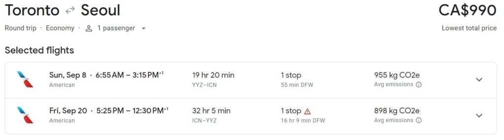 Flights from Toronto to Seoul South Korea 