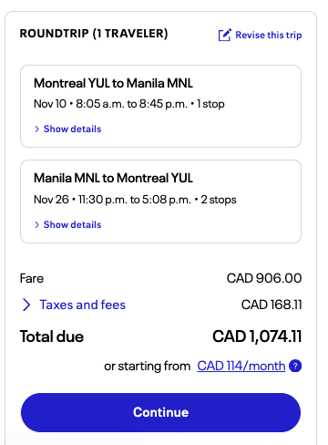 Montreal to Manila United Airlines price