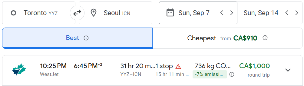 Flights from Toronto to Seoul Price