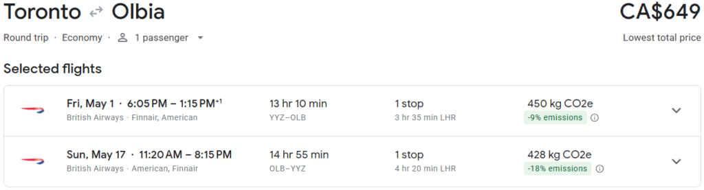 cheap flights from toronto to sardinia