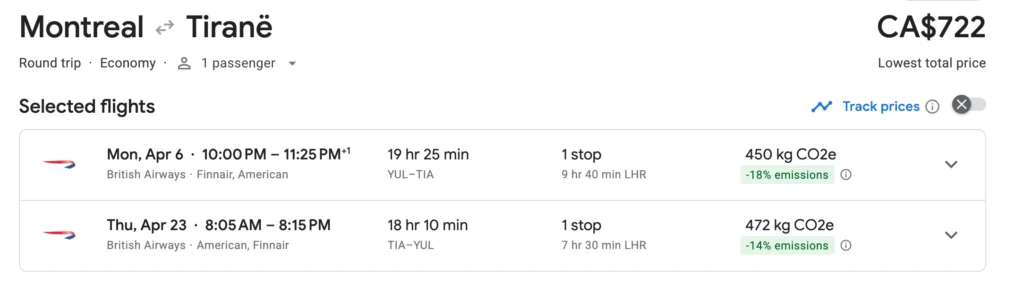 yul to tia flight details